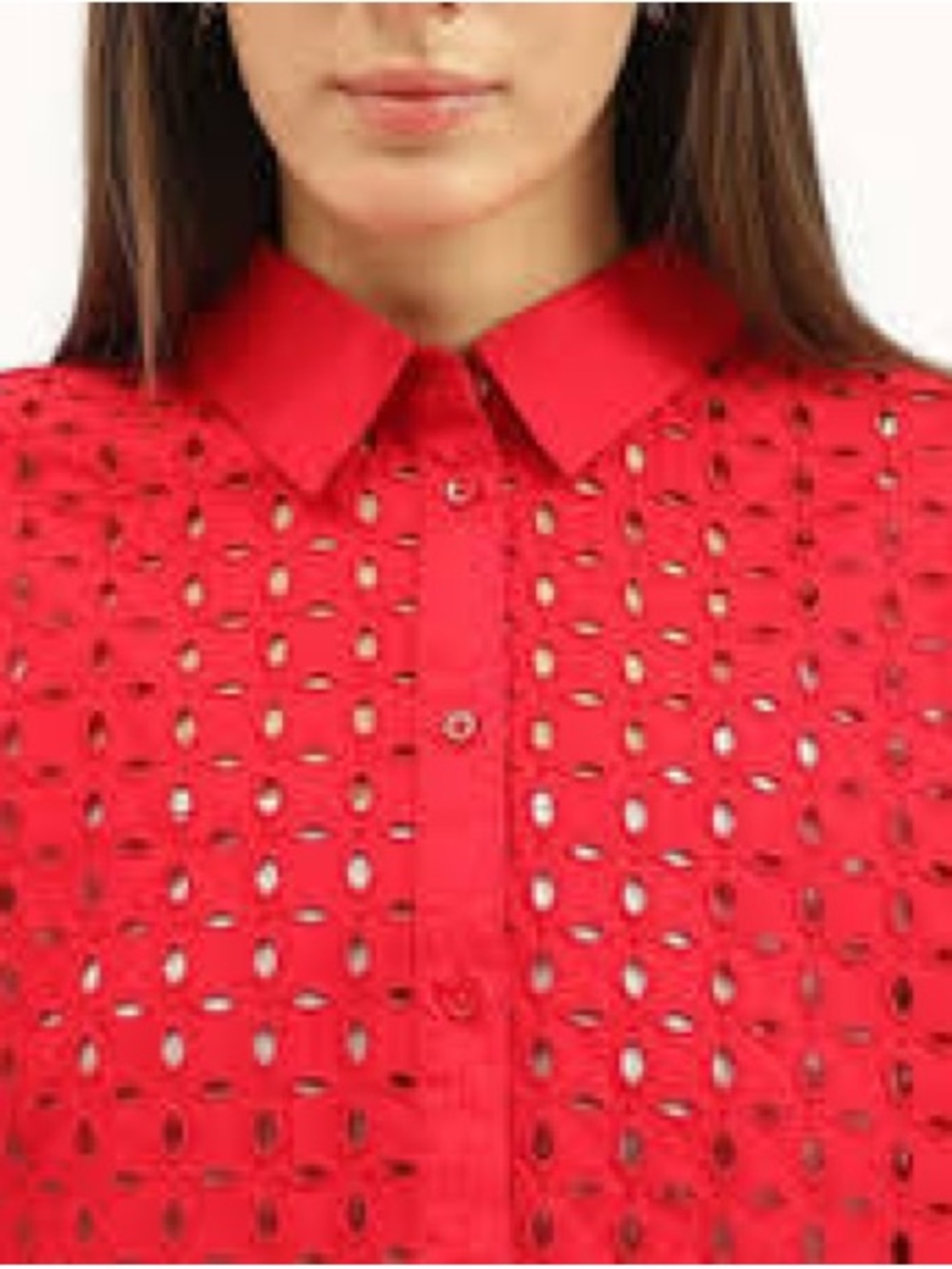 Marled Eyelet Button Down Shirt in Coral Red Size Medium